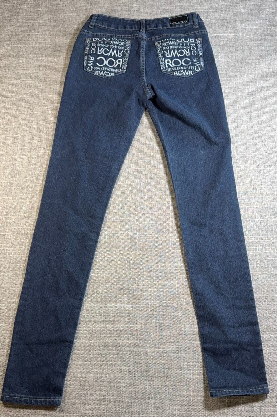 Rocawear Womens Jeans Size 7 Dark Wash Slim Straight Y2K Embroidered Pockets